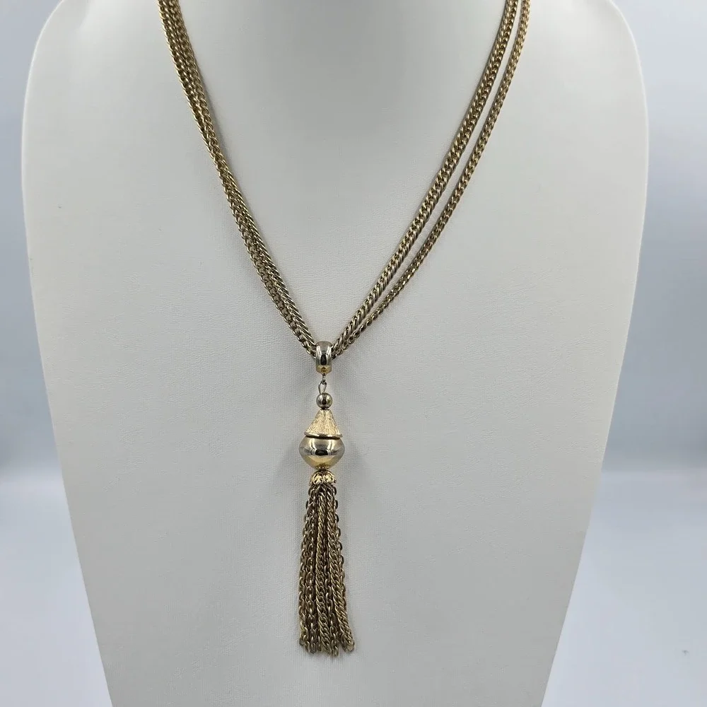 Vintage Tassel Double Chain Necklace Layered Two Tone 20